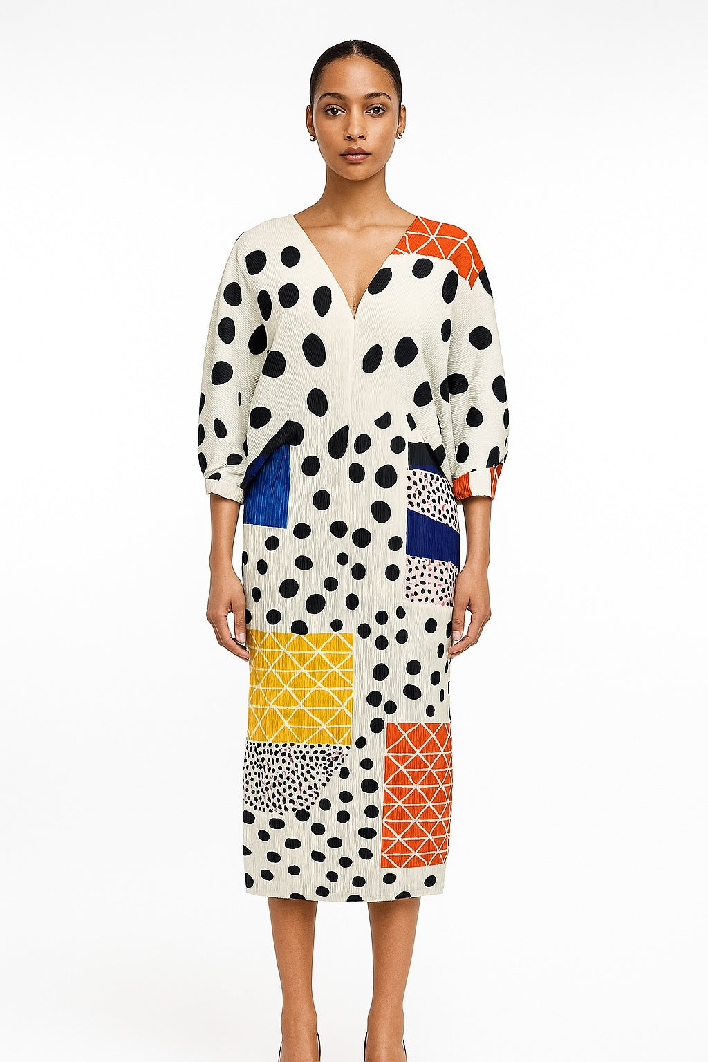 Chic Patchwork Polka Dot Midi Dress