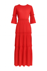 Elegant Pleated Tiered Red Midi Dress