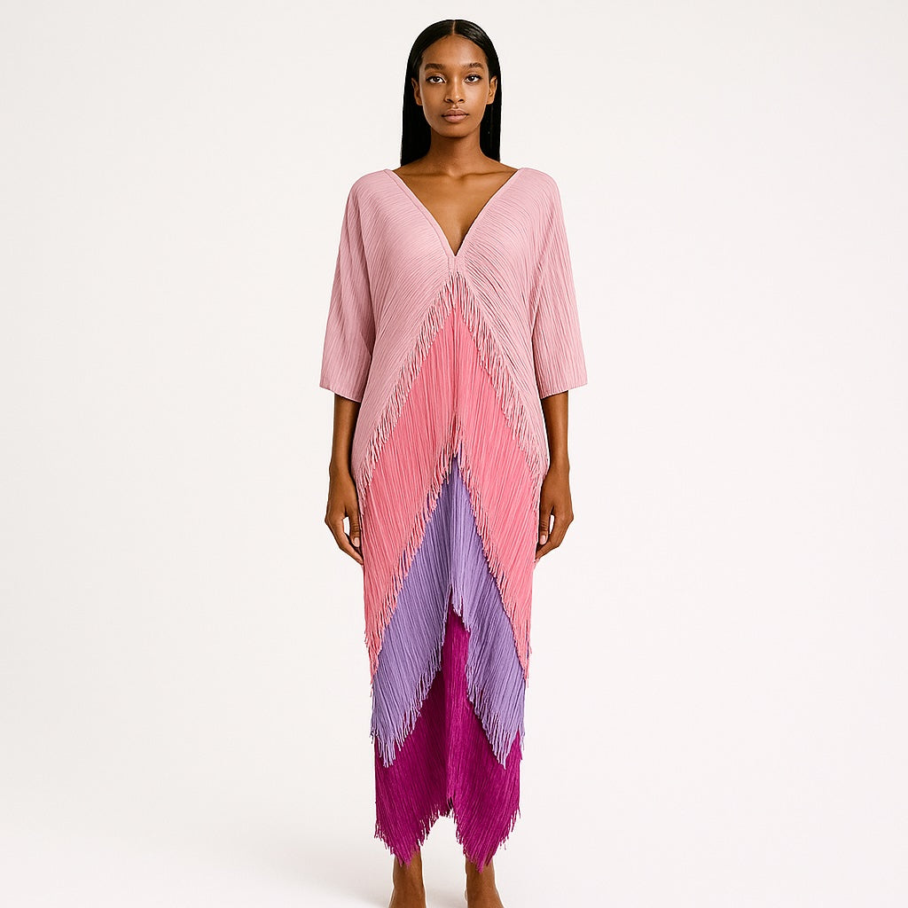 Rose Cascade Pleated V-Neck Maxi Dress