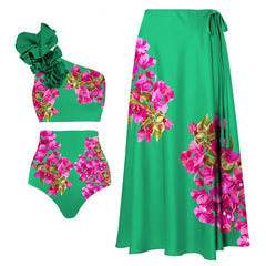 Bold Green Floral Ruffle Strap Swim Top