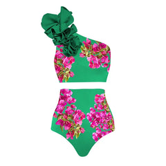 Bold Green Floral Ruffle Strap Swim Top