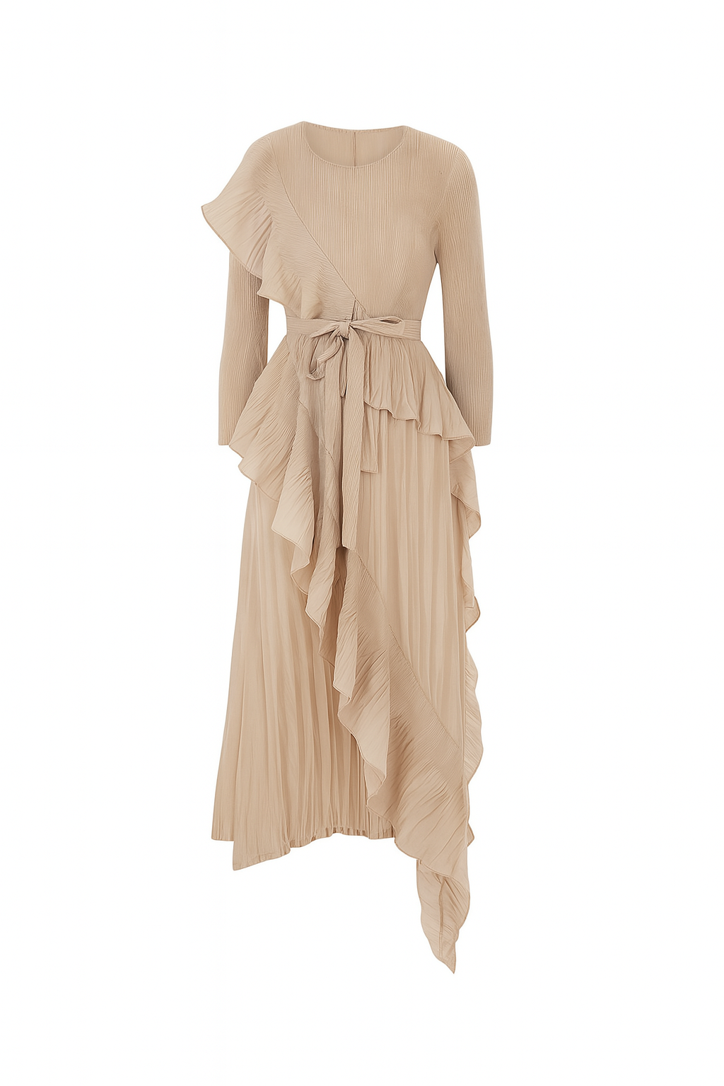 Beige Pleated Wrap Dress