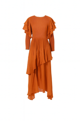 Rust Ruffle Sleeve Asymmetrical Maxi Dress