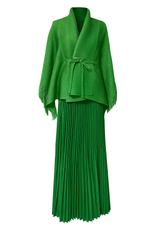 Elegant Green Kimono-Inspired Pleated Skirt Set with Fringe Sleeve Detail