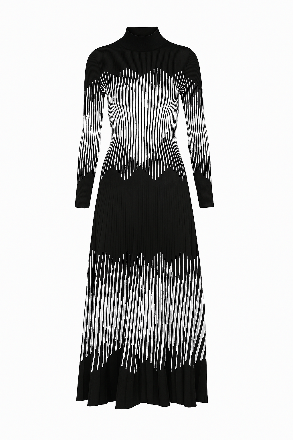 Monochrome Illusion Pleated Knit Dress