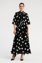 Vintage-Inspired Yellow Polka Dot Ruffle Maxi Dress