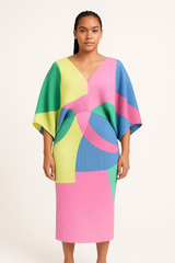 Pastel Geometry Pleated Batwing Maxi Dress
