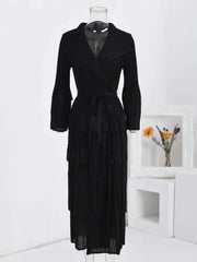 Tiered Black Pleated Wrap Midi Dress
