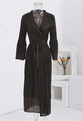 Tiered Black Pleated Wrap Midi Dress