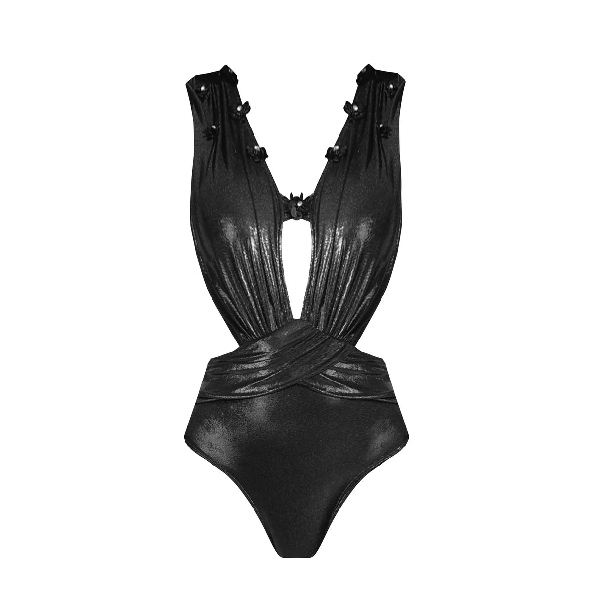 Black Cutout Plunging Swimsuit with Embellished Straps and Matching Sarong