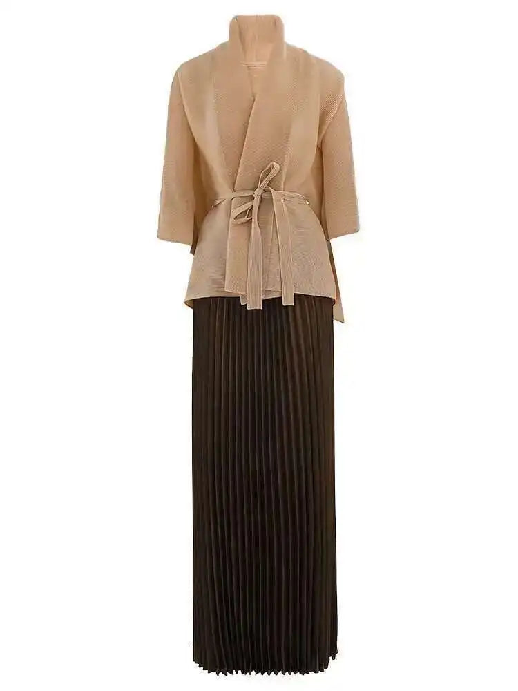 Taupe Kimono Wrap Top & Chocolate Pleated Maxi Skirt Set