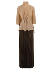 Taupe Kimono Wrap Top & Chocolate Pleated Maxi Skirt Set