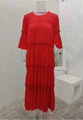 Elegant Pleated Tiered Red Midi Dress