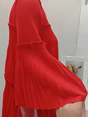 Elegant Pleated Tiered Red Midi Dress
