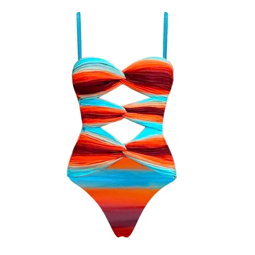 Sunset Stripe Cutout Swimsuit with Ombre Sarong