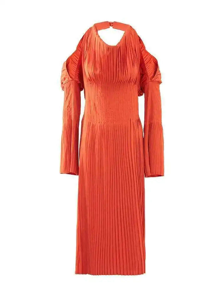 Burnt Orange Cold Shoulder Pleated Midi Dress