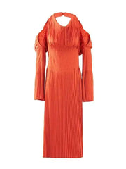 Burnt Orange Cold Shoulder Pleated Midi Dress