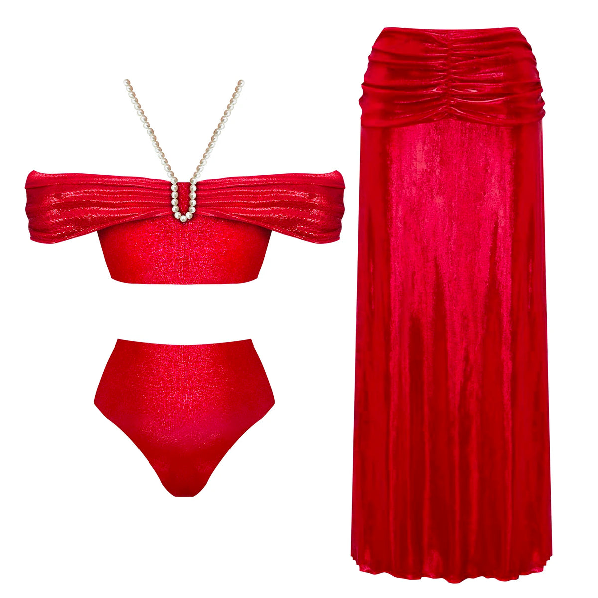 Glamorous Off-Shoulder Swimsuit with Pearl Necklace