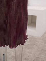 Wine Metallic Pleated Midi Dress