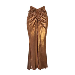 Metallic Colorblock Swimsuit & Ruched Maxi Cover-Up Skirt