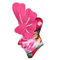 Azure Bloom One-Shoulder Swimsuit with White Floral Detail and Sarong
