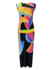 Sleeveless Abstract Rainbow Print Pleated Maxi Dress