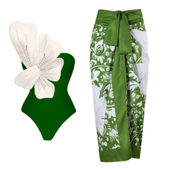 Azure Bloom One-Shoulder Swimsuit with White Floral Detail and Sarong