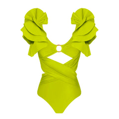 Bright Fuchsia Asymmetrical Swimsuit with Voluminous Ruffles
