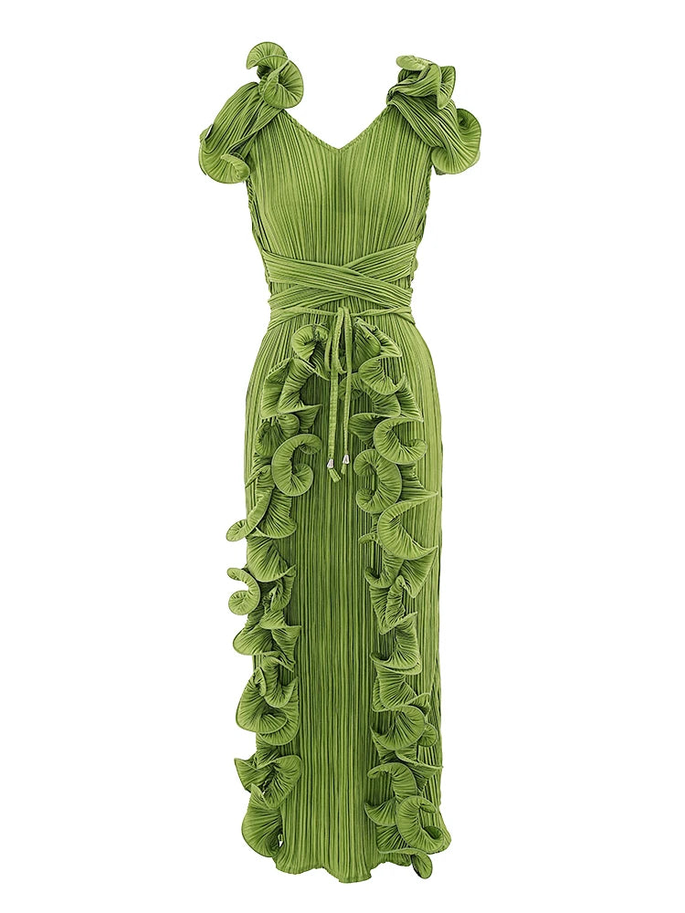 Leaf Pleated Maxi Dress