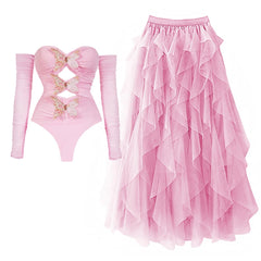Pink Butterfly Cutout Swimsuit with Ruffled Tulle Maxi Skirt Set