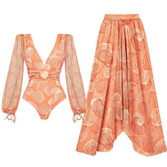 Coral Seashell Print Long Sleeve Swimsuit with Matching Harem Sarong