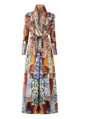 Geometric Mosaic Belted Maxi Dress