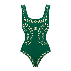 Emerald Breeze Laser-Cut Swimsuit & Matching Wrap Skirt Set