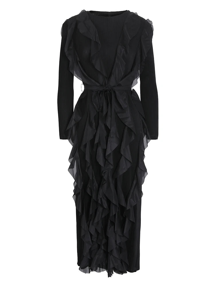 Elegant Black Ruffle Mesh Maxi Dress