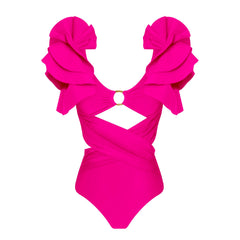 Bright Fuchsia Asymmetrical Swimsuit with Voluminous Ruffles