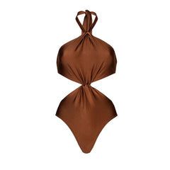 Mocha Twist Halter Cut-Out Swimsuit with Draped Maxi Skirt Set