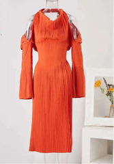 Burnt Orange Cold Shoulder Pleated Midi Dress