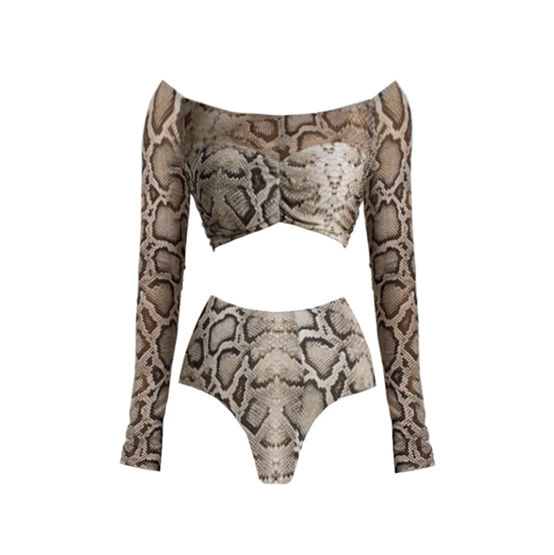 Wild Python Print Swimsuit with Long Sleeves and Elegant Sarong
