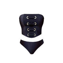 Midnight Grommet Lace-Up Bikini with Matching Slit Maxi Skirt