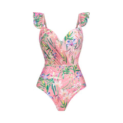 Watercolor Tropical Ruffle Detail Swimsuit