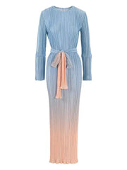 Sky‑To‑Sand Pastel Ombre Pleated Maxi Dress