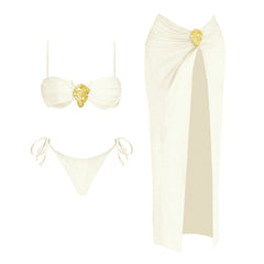 Shimmering Gold Two-Piece Swimsuit with Fishtail Sarong