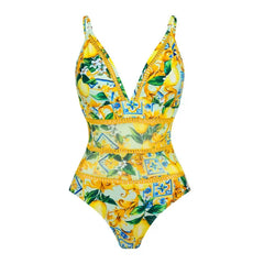 Watercolor Tropical Ruffle Detail Swimsuit