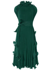 High‑Neck Pleated Tiered Midi Dress