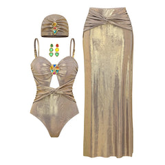 Metallic Colorblock Swimsuit & Ruched Maxi Cover-Up Skirt