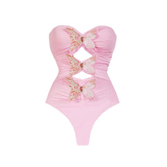 Pink Butterfly Cutout Swimsuit with Ruffled Tulle Maxi Skirt Set