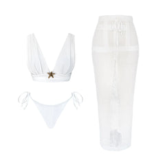 Starfish Bikini Set with Sheer Mesh Drawstring Cover-Up Skirt