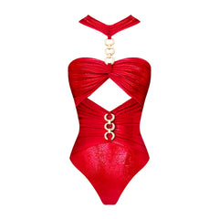 Glamorous Red Cutout Swimsuit with Gold Chain Straps and Sarong Set