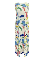 Multicolor Abstract Print Sleeveless Pleated Midi Dress