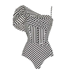 Riviera Stripe One-Shoulder Swimsuit with Puff Sleeve and Ruffle Sarong